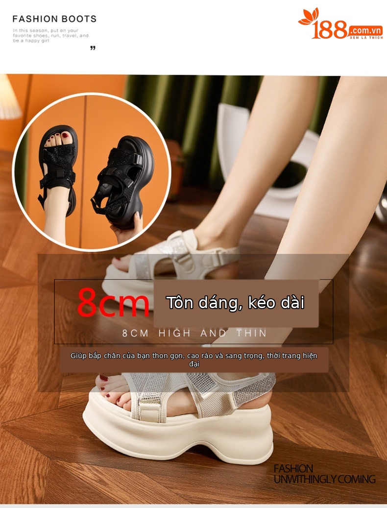 Dép sandal nữ quai chữ V đế PU mềm, dây Velcro tiện lợi — Len tinh khiết, Đen chi tiết 8