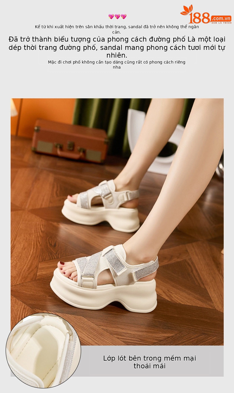 Dép sandal nữ quai chữ V đế PU mềm, dây Velcro tiện lợi — Len tinh khiết, Đen chi tiết 4
