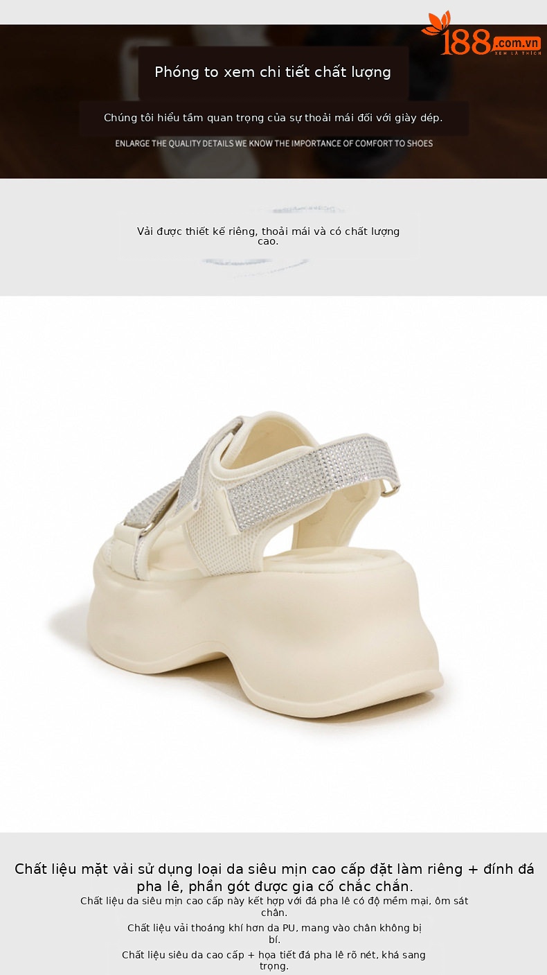 Dép sandal nữ quai chữ V đế PU mềm, dây Velcro tiện lợi — Len tinh khiết, Đen chi tiết 5