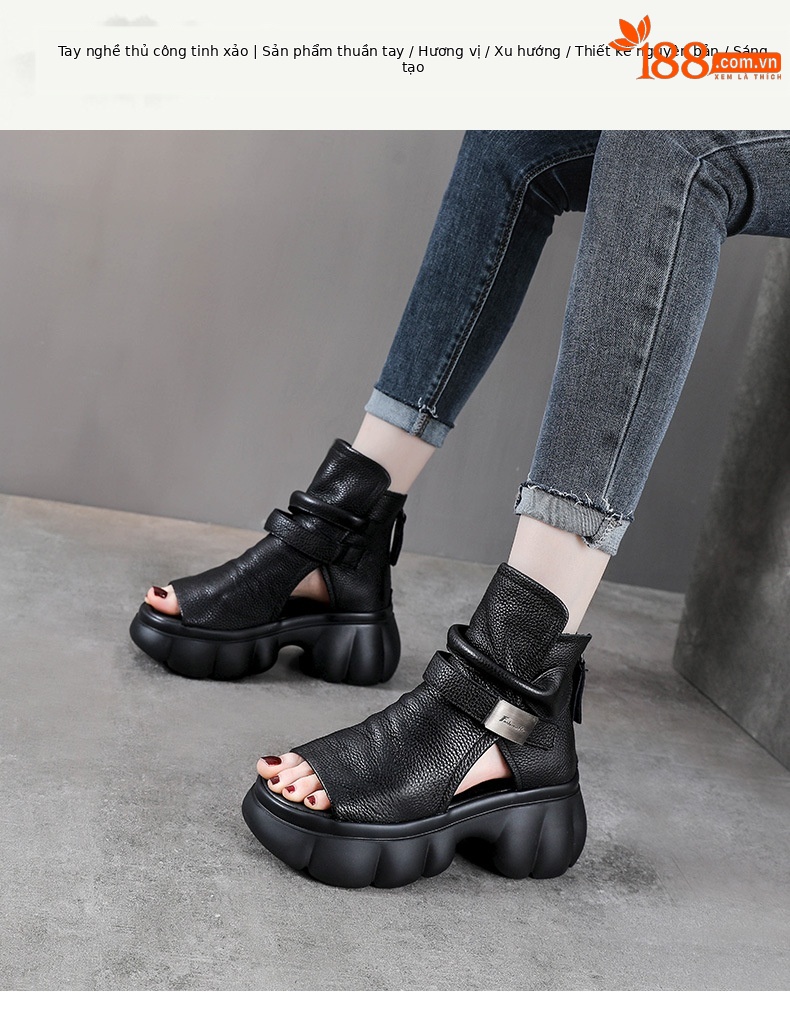 Sandal hở mũi nữ da bò thật phong cách La Mã đế dày — Màu nâu chi tiết 1
