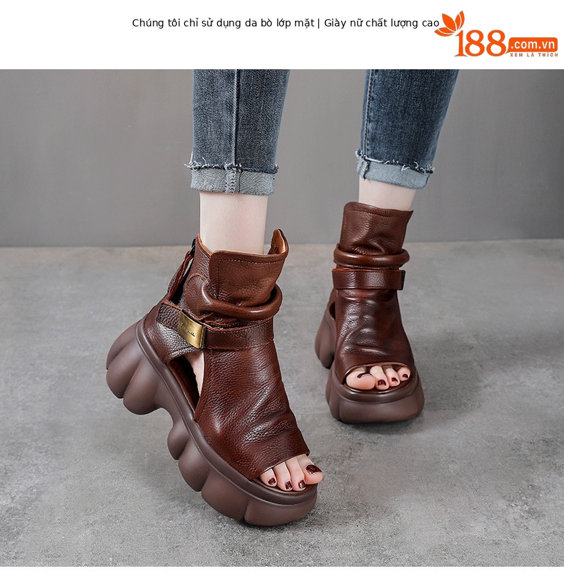 Sandal hở mũi nữ da bò thật phong cách La Mã đế dày — Màu nâu chi tiết 2