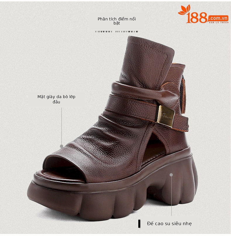 Sandal hở mũi nữ da bò thật phong cách La Mã đế dày — Màu nâu chi tiết 3