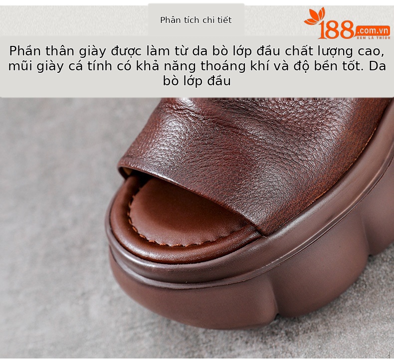Sandal hở mũi nữ da bò thật phong cách La Mã đế dày — Màu nâu chi tiết 4