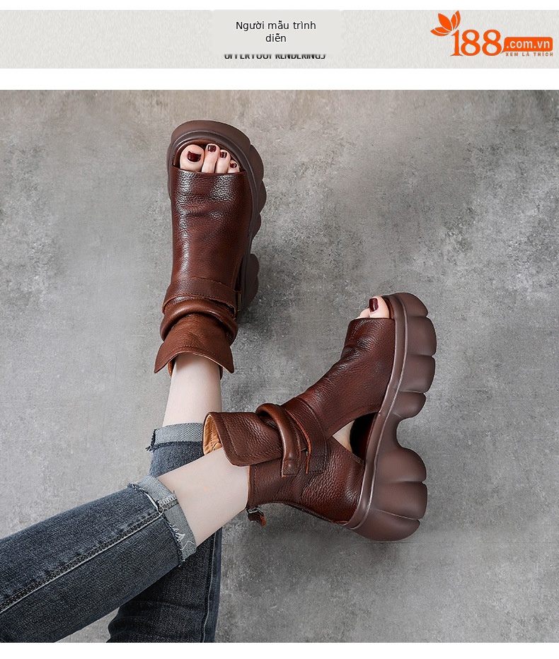 Sandal hở mũi nữ da bò thật phong cách La Mã đế dày — Màu nâu chi tiết 9