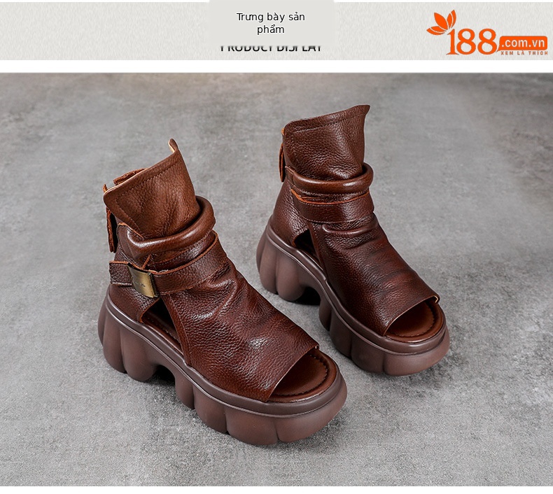 Sandal hở mũi nữ da bò thật phong cách La Mã đế dày — Màu nâu chi tiết 10