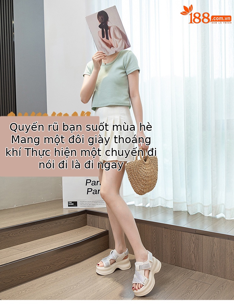 Dép sandal đế xuồng tăng chiều cao lưới thoáng khí đính đá phong cách casual nữ — M2597 màu đen, M2597 màu be chi tiết 1