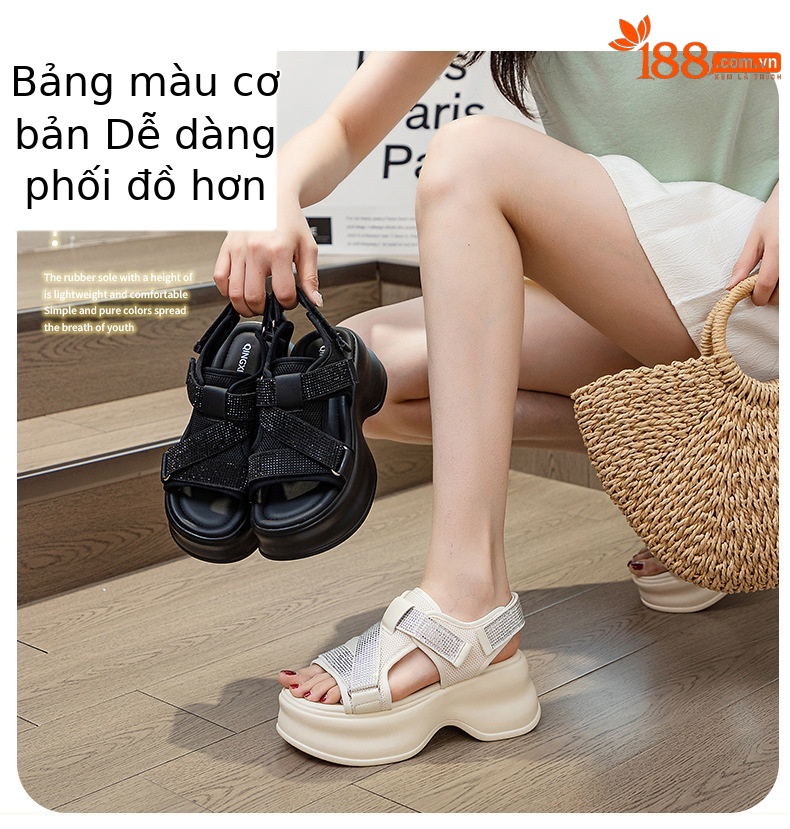 Dép sandal đế xuồng tăng chiều cao lưới thoáng khí đính đá phong cách casual nữ — M2597 màu đen, M2597 màu be chi tiết 3