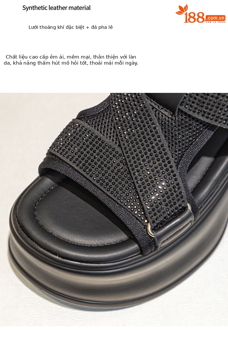 Dép sandal đế xuồng tăng chiều cao lưới thoáng khí đính đá phong cách casual nữ — M2597 màu đen, M2597 màu be chi tiết 7
