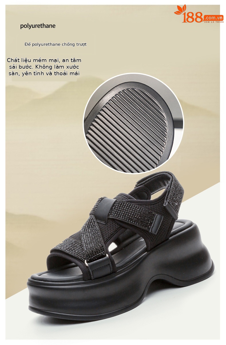 Dép sandal đế xuồng tăng chiều cao lưới thoáng khí đính đá phong cách casual nữ — M2597 màu đen, M2597 màu be chi tiết 10