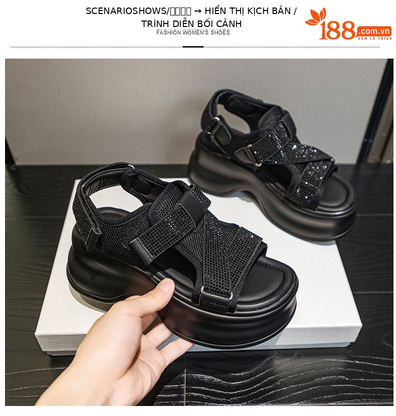 Dép sandal đế xuồng tăng chiều cao lưới thoáng khí đính đá phong cách casual nữ — M2597 màu đen, M2597 màu be chi tiết 17