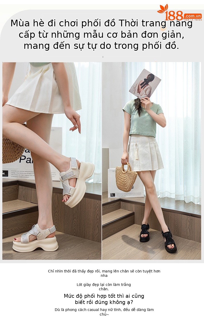 Dép sandal đế xuồng tăng chiều cao lưới thoáng khí đính đá phong cách casual nữ — M2597 màu đen, M2597 màu be chi tiết 4