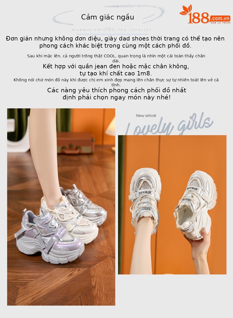 Giày sneaker nữ chunky đế dày lưới thoáng khí gót siêu cao 8 cm — Len tinh khiết, Bạc, Tím chi tiết 3