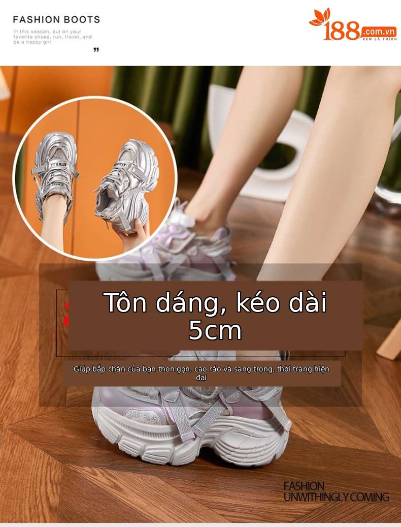 Giày sneaker nữ chunky đế dày lưới thoáng khí gót siêu cao 8 cm — Len tinh khiết, Bạc, Tím chi tiết 8