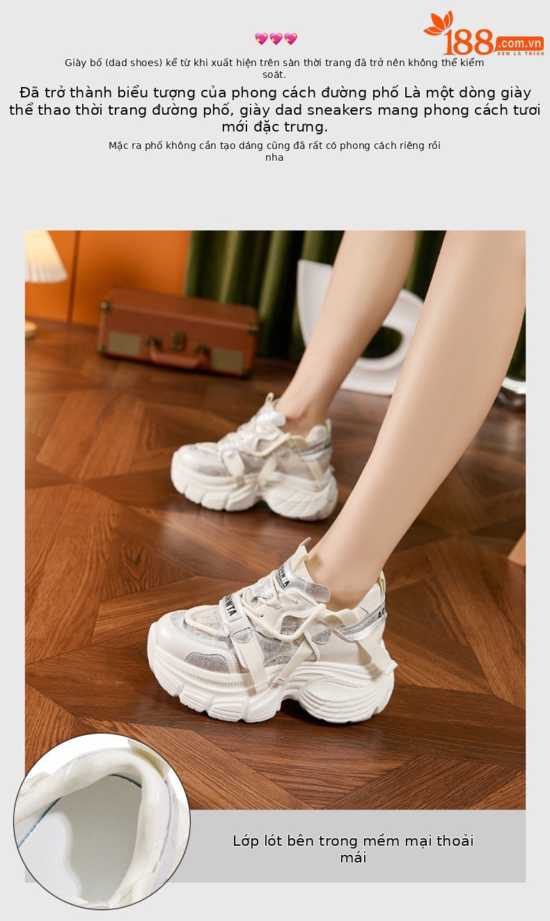 Giày sneaker nữ chunky đế dày lưới thoáng khí gót siêu cao 8 cm — Len tinh khiết, Bạc, Tím chi tiết 4
