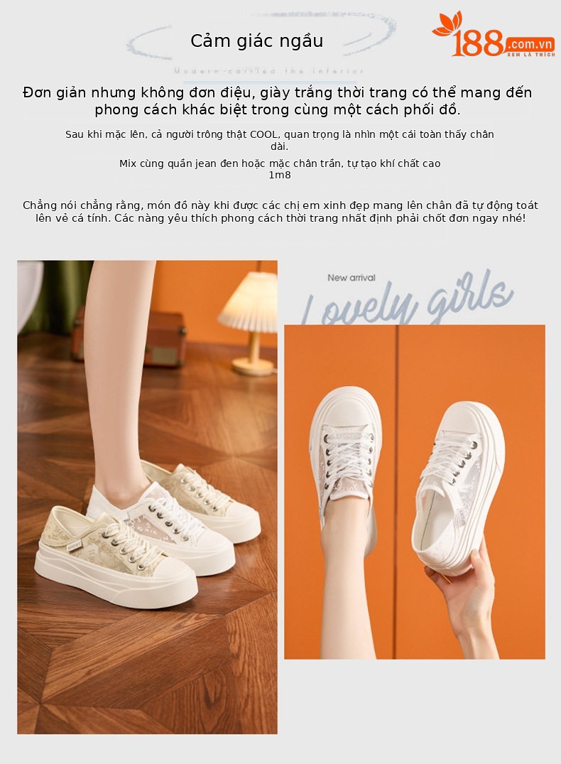 Giày sneaker nữ chạy bộ mesh thoáng khí đế phẳng — Trắng, Mơ chi tiết 3