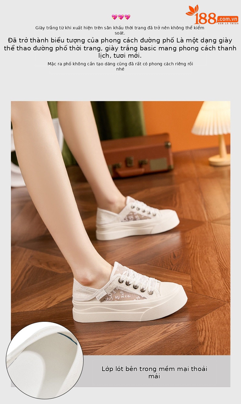 Giày sneaker nữ chạy bộ mesh thoáng khí đế phẳng — Trắng, Mơ chi tiết 4