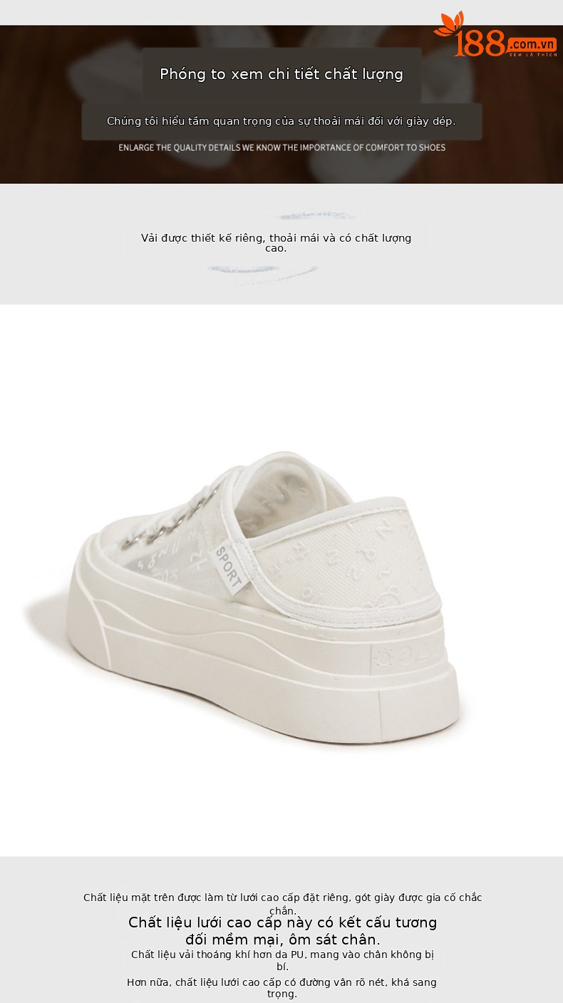 Giày sneaker nữ chạy bộ mesh thoáng khí đế phẳng — Trắng, Mơ chi tiết 5