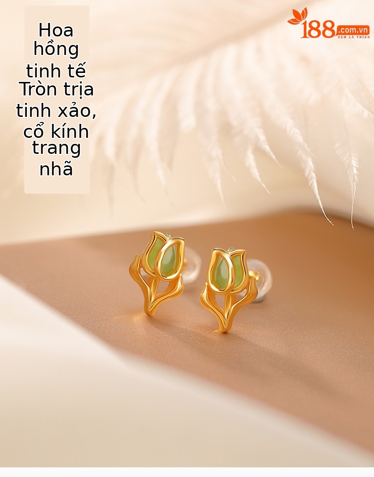 Khuyên tai nữ bạc S925 mạ vàng đính đá ngọc bích hình giọt nước phong cách retro — Kiểu màu bạc chi tiết 1