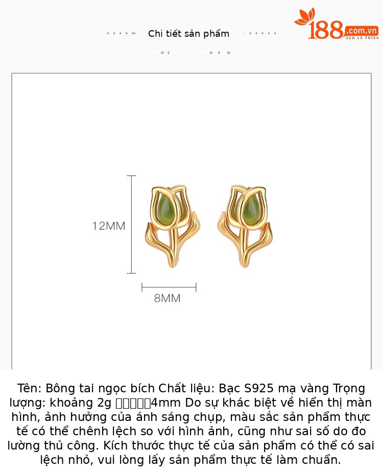 Khuyên tai nữ bạc S925 mạ vàng đính đá ngọc bích hình giọt nước phong cách retro — Kiểu màu bạc chi tiết 2