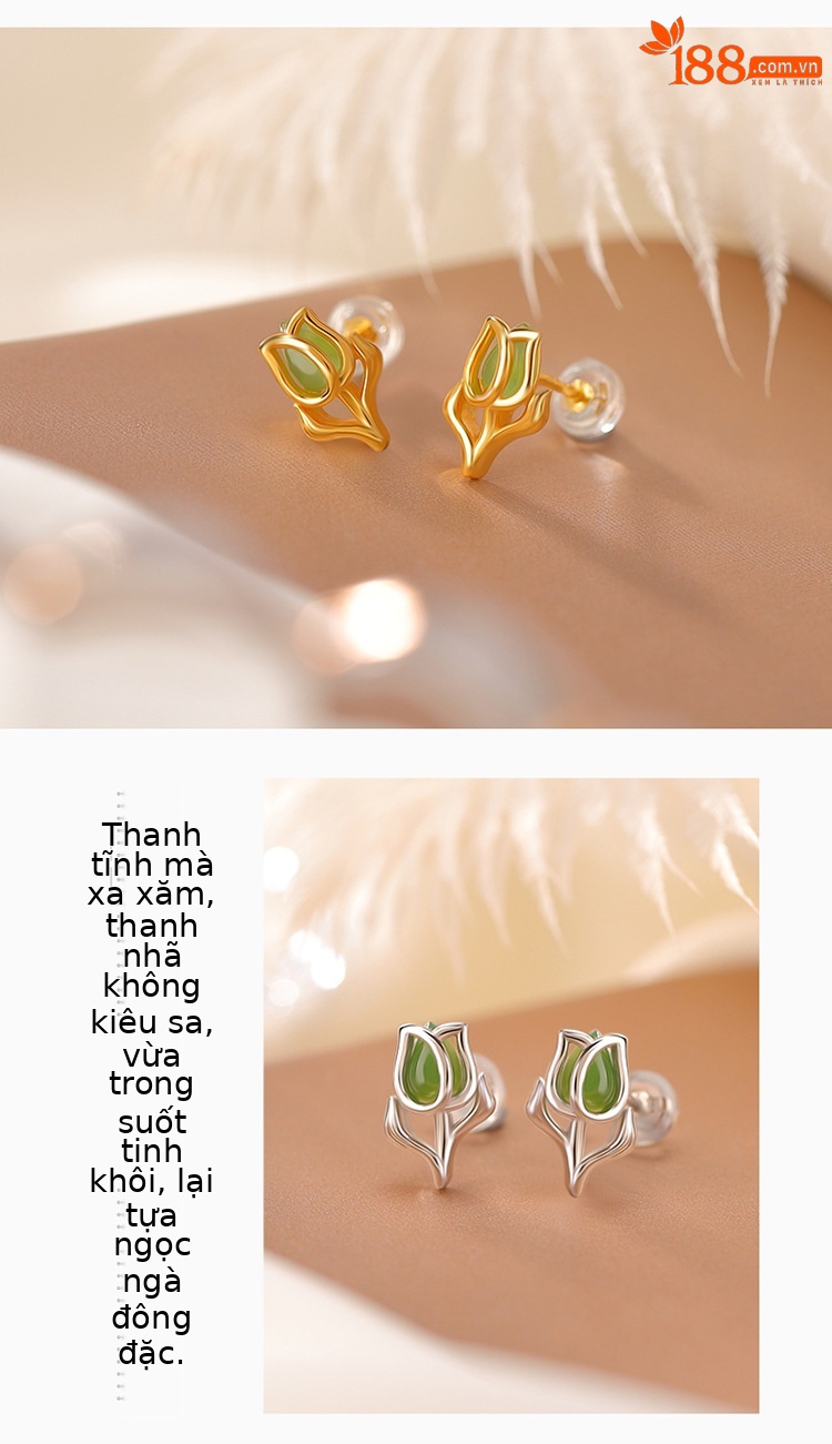 Khuyên tai nữ bạc S925 mạ vàng đính đá ngọc bích hình giọt nước phong cách retro — Kiểu màu bạc chi tiết 3
