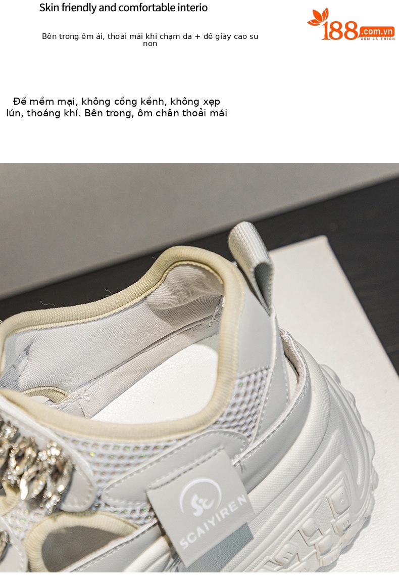 Giày sneaker nữ đế dày lưới rỗng đính đá thoáng khí thời trang đa năng — M2598 màu trắng, M2598 màu xám chi tiết 7