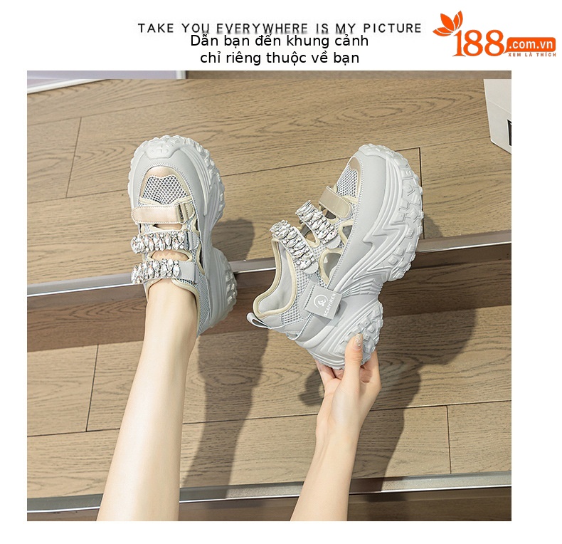 Giày sneaker nữ đế dày lưới rỗng đính đá thoáng khí thời trang đa năng — M2598 màu trắng, M2598 màu xám chi tiết 14