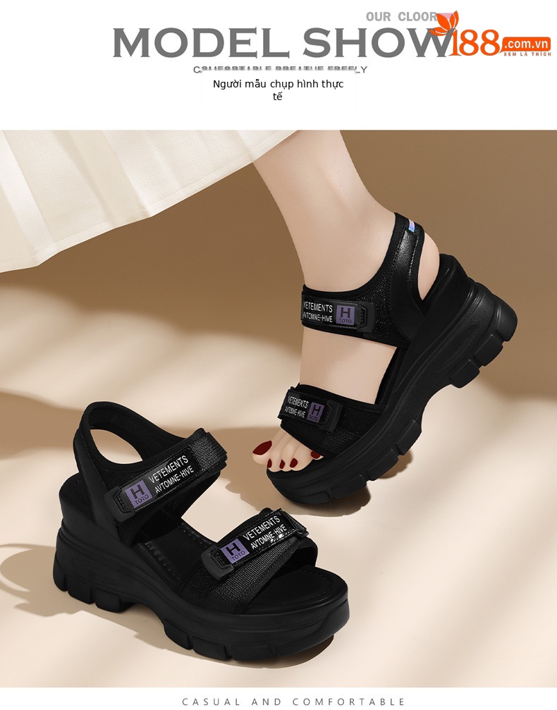 Sandal thể thao nữ đế dày kiểu La Mã quai Velcro mùa hè 2024 — 1997 đen tím, Màu be 1997 chi tiết 6