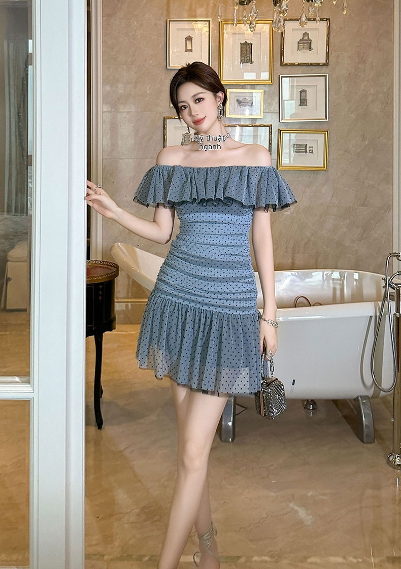 Đầm ôm body nữ cổ yếm tay bồng xếp ly eo, họa tiết chấm bi, gợi cảm — [Xanh dương] chi tiết 8