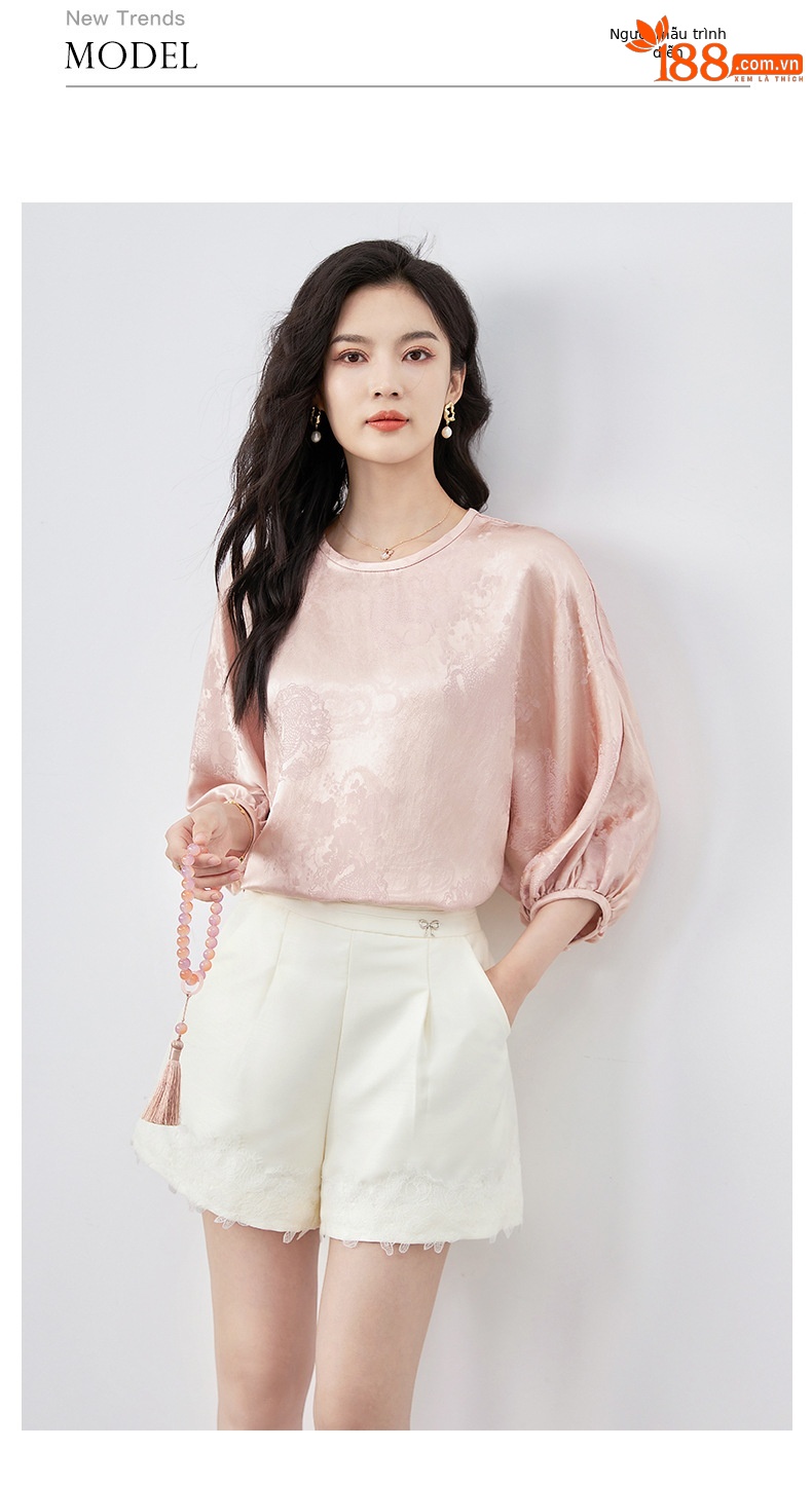 Áo sơ mi nữ dáng rộng chất liệu lụa nhân tạo hoa văn nổi — Màu hồng chi tiết 7