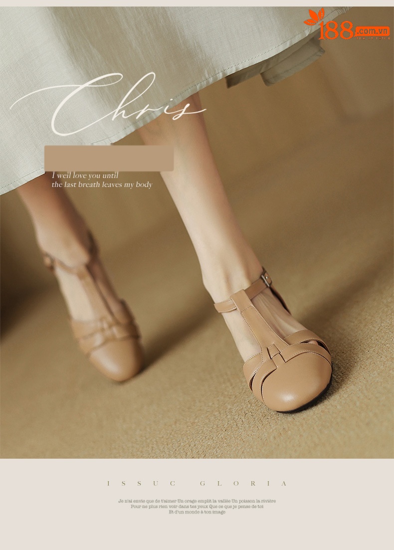 Sandal nữ bít mũi khóa chữ T phong cách La Mã cổ điển, gót thấp — Màu trắng be chi tiết 1