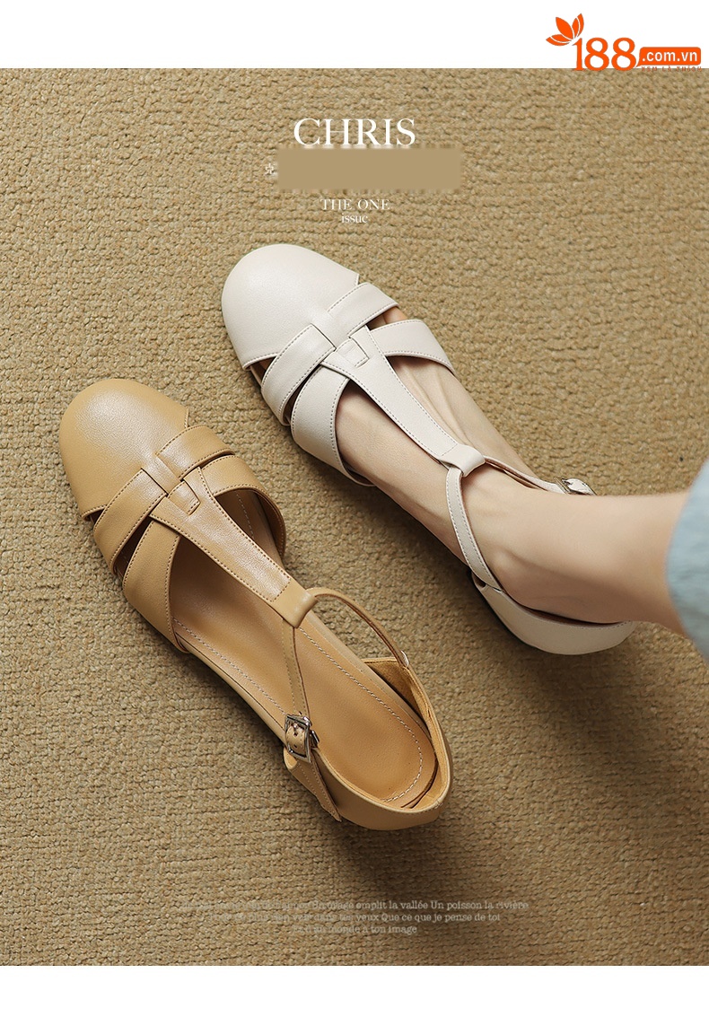 Sandal nữ bít mũi khóa chữ T phong cách La Mã cổ điển, gót thấp — Màu trắng be chi tiết 2