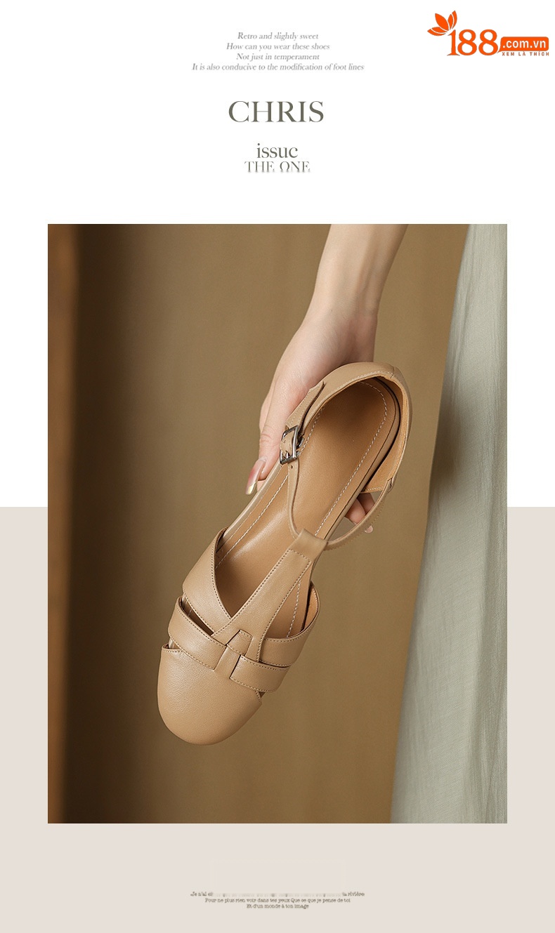 Sandal nữ bít mũi khóa chữ T phong cách La Mã cổ điển, gót thấp — Màu trắng be chi tiết 7