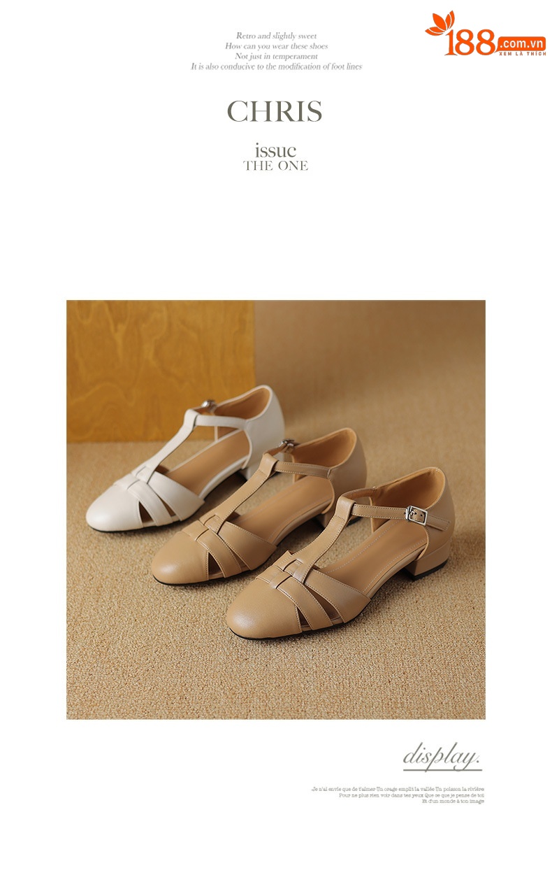 Sandal nữ bít mũi khóa chữ T phong cách La Mã cổ điển, gót thấp — Màu trắng be chi tiết 12