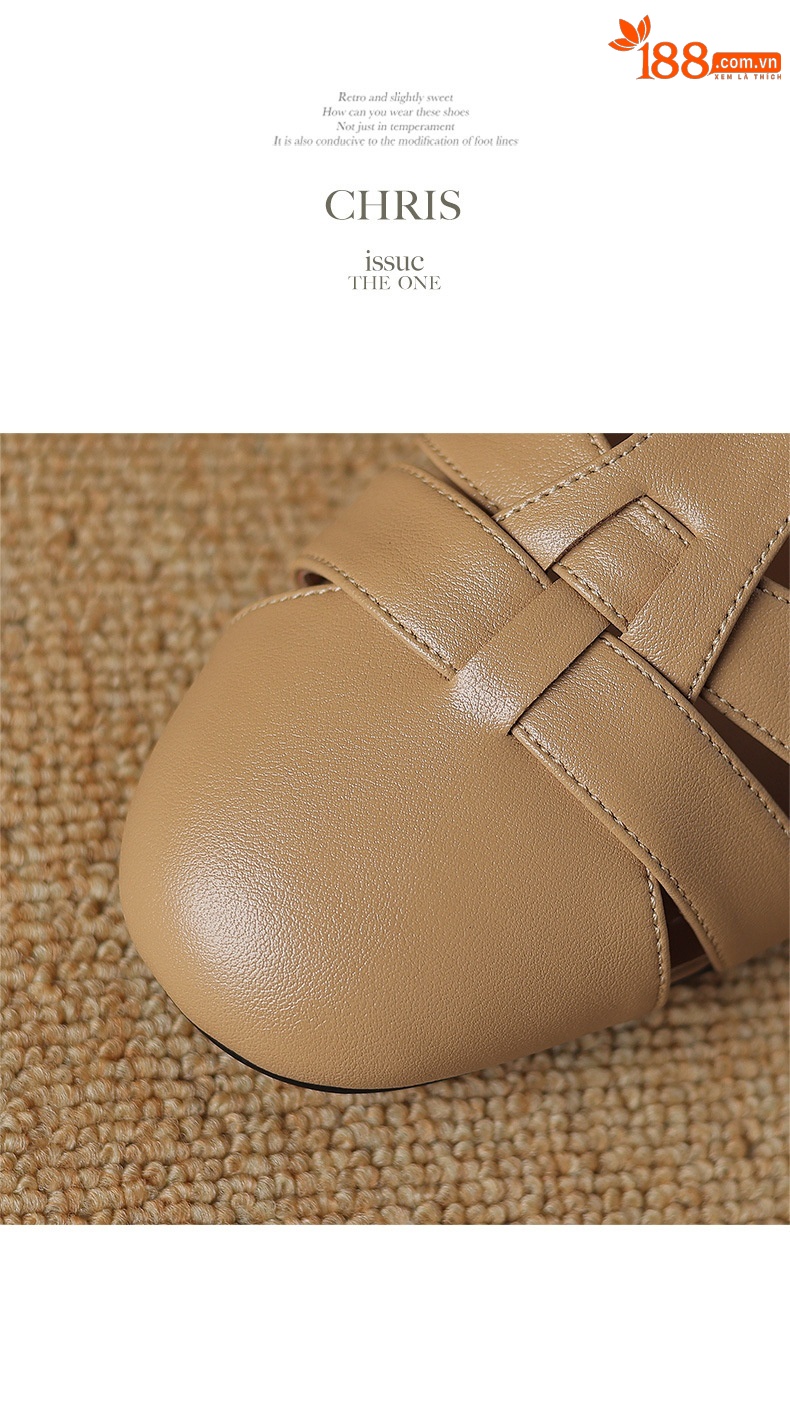 Sandal nữ bít mũi khóa chữ T phong cách La Mã cổ điển, gót thấp — Màu trắng be chi tiết 15