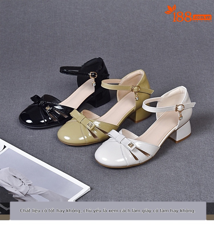 Sandal bít mũi nữ da sáng chế mũi tròn gót thô vừa phải — Màu đen chi tiết 2