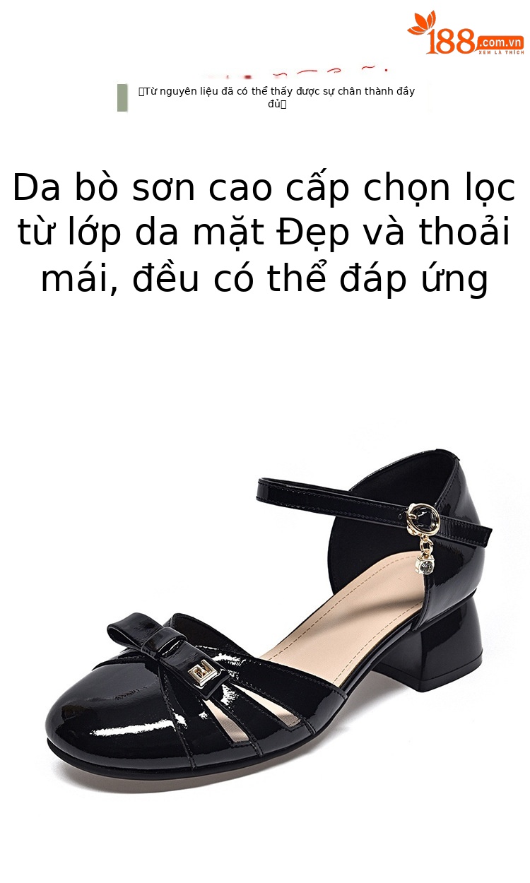 Sandal bít mũi nữ da sáng chế mũi tròn gót thô vừa phải — Màu đen chi tiết 3