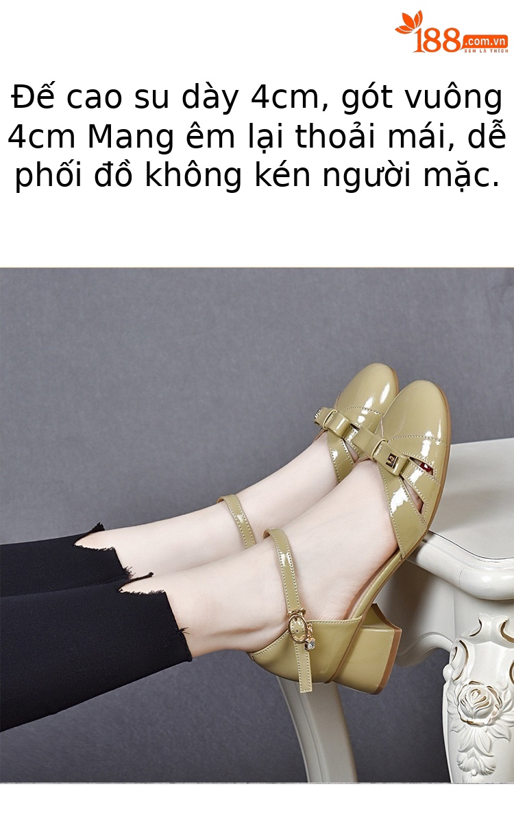 Sandal bít mũi nữ da sáng chế mũi tròn gót thô vừa phải — Màu đen chi tiết 4