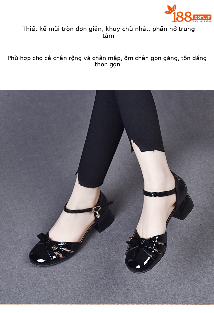 Sandal bít mũi nữ da sáng chế mũi tròn gót thô vừa phải — Màu đen chi tiết 5
