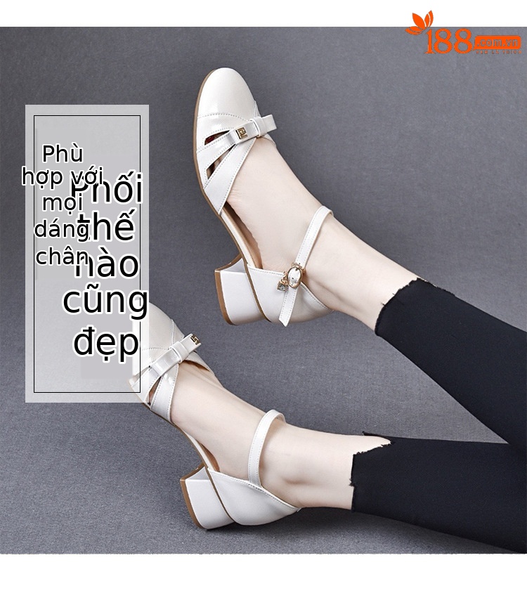 Sandal bít mũi nữ da sáng chế mũi tròn gót thô vừa phải — Màu đen chi tiết 7