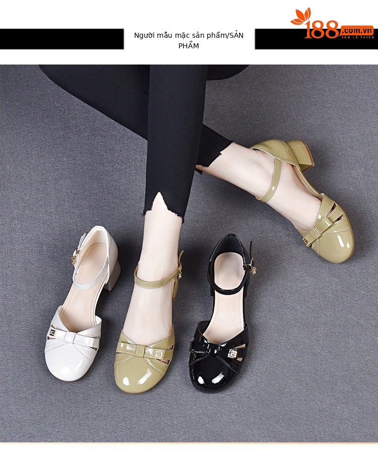 Sandal bít mũi nữ da sáng chế mũi tròn gót thô vừa phải — Màu đen chi tiết 9