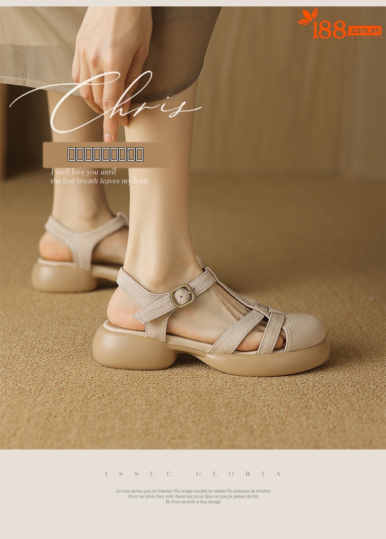 Sandal nữ da cừu mũi kín đế dày gót vuông khóa chữ T phong cách La Mã — Màu trắng be chi tiết 1