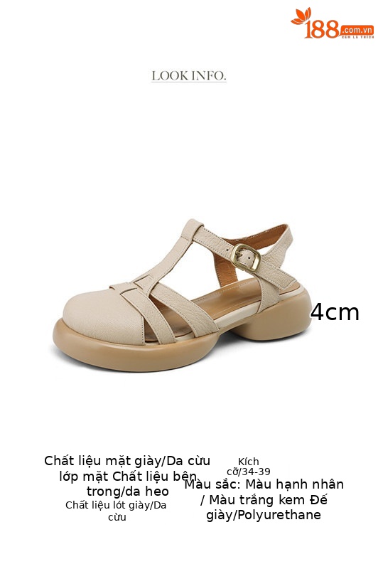 Sandal nữ da cừu mũi kín đế dày gót vuông khóa chữ T phong cách La Mã — Màu trắng be chi tiết 3