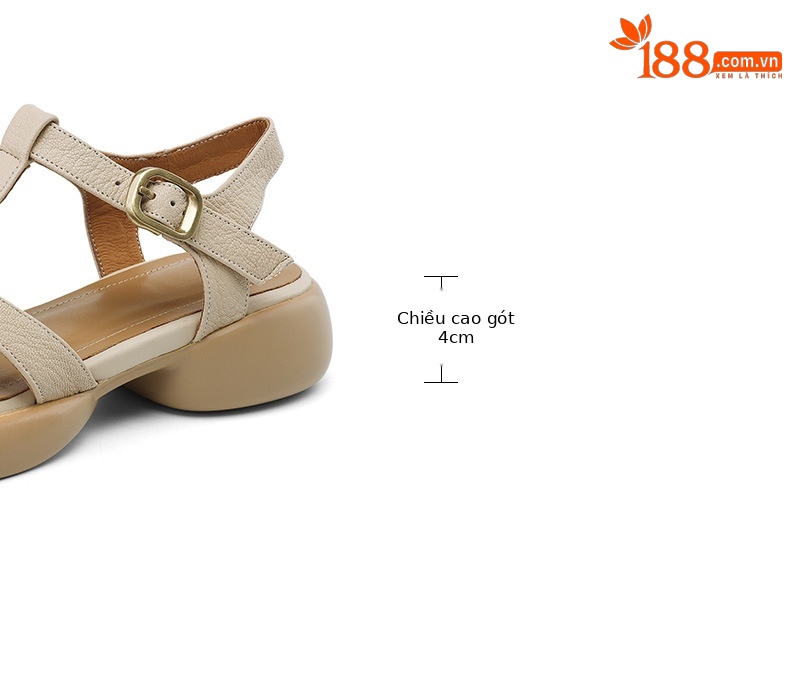 Sandal nữ da cừu mũi kín đế dày gót vuông khóa chữ T phong cách La Mã — Màu trắng be chi tiết 4