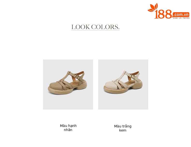 Sandal nữ da cừu mũi kín đế dày gót vuông khóa chữ T phong cách La Mã — Màu trắng be chi tiết 5