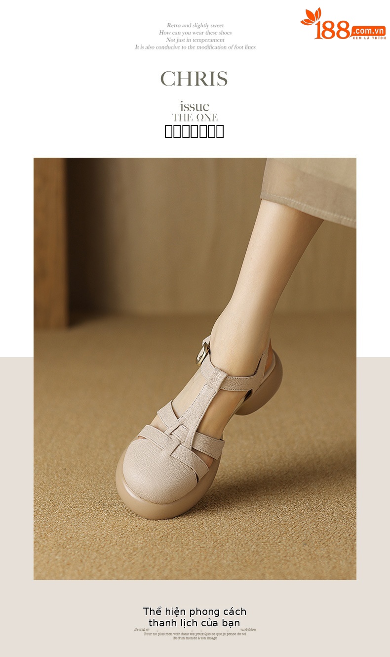Sandal nữ da cừu mũi kín đế dày gót vuông khóa chữ T phong cách La Mã — Màu trắng be chi tiết 7