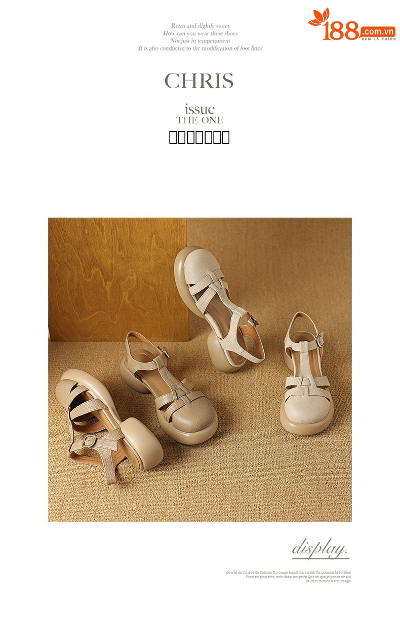 Sandal nữ da cừu mũi kín đế dày gót vuông khóa chữ T phong cách La Mã — Màu trắng be chi tiết 15