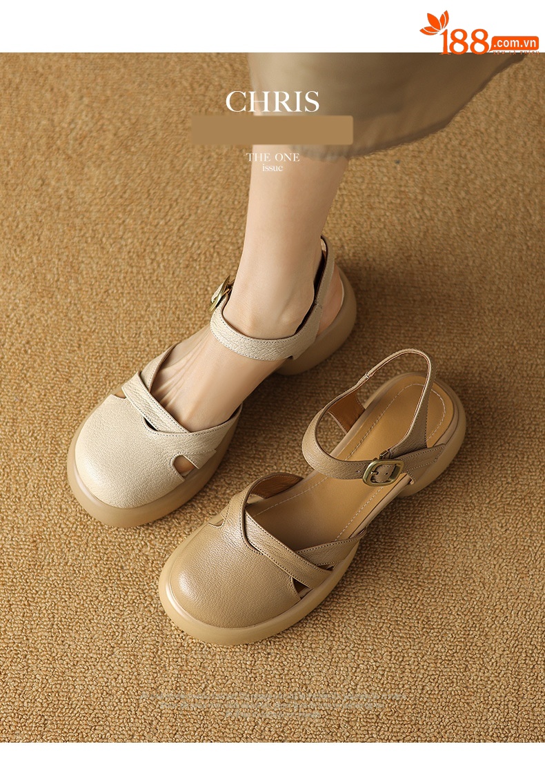 Sandal nữ quai ngang hở lưng mũi tròn đế dày da thấp — Màu trắng be chi tiết 2