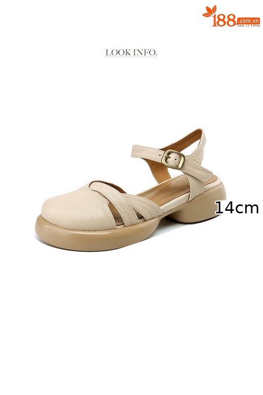 Sandal nữ quai ngang hở lưng mũi tròn đế dày da thấp — Màu trắng be chi tiết 3