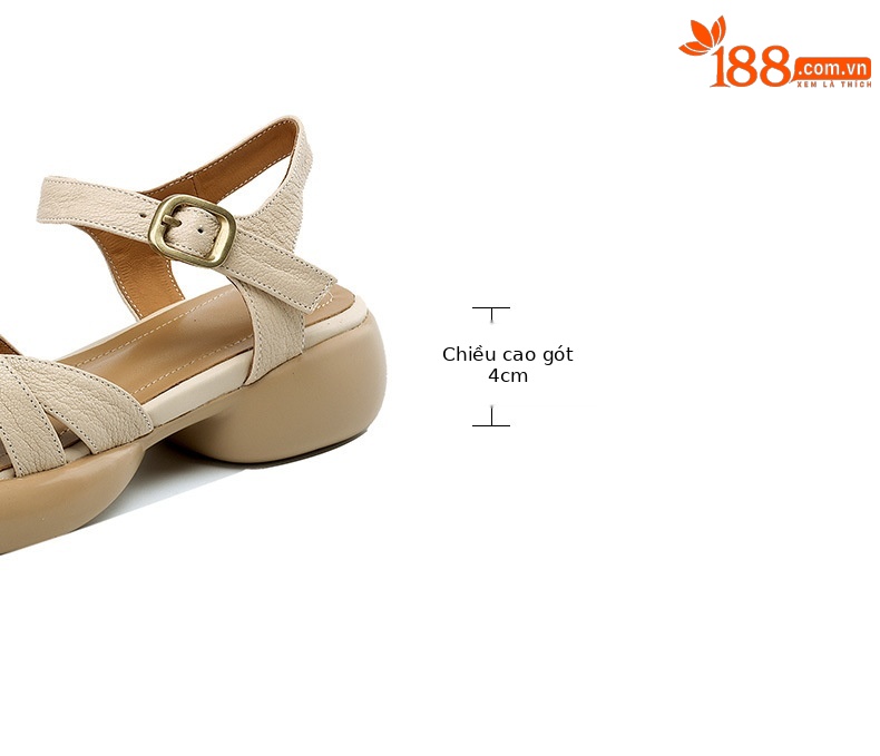 Sandal nữ quai ngang hở lưng mũi tròn đế dày da thấp — Màu trắng be chi tiết 4
