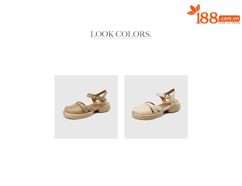 Sandal nữ quai ngang hở lưng mũi tròn đế dày da thấp — Màu trắng be chi tiết 5